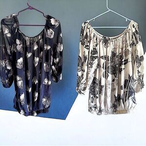Libian Blouses Lot l 1. Navy with Beige leaves 2 Beige with Blue Floral l 2X